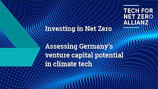 Text 'Investing in Net Zero' und 'Assessing Germany's venture capital potential in climate tech' auf einem blauen Hintergrund mit wellenförmigem Muster.