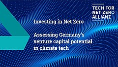 Text 'Investing in Net Zero' und 'Assessing Germany's venture capital potential in climate tech' auf einem blauen Hintergrund mit wellenförmigem Muster.