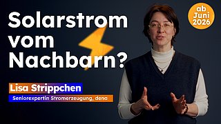 Schriftzug "Solarstrom vom Nachbarn" mit Lisa Strippchen daneben