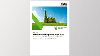 Titelblatt des Berichts 'Marktmonitoring Bioenergie 2022' mit einer grünen Landschaft und einer Baumstruktur in Form eines Hauses. Oben rechts das Logo der dena.