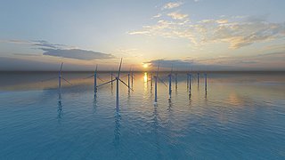 Offshore-Windturbinen auf See während des Sonnenaufgangs