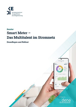 Titel der Publikation 'Smart Meter – Das Multitalent im Stromnetz' mit Untertitel 'Grundlagen und Rollout', dazu Hände, die ein Smartphone mit einer Energieverbrauchsanzeige halten