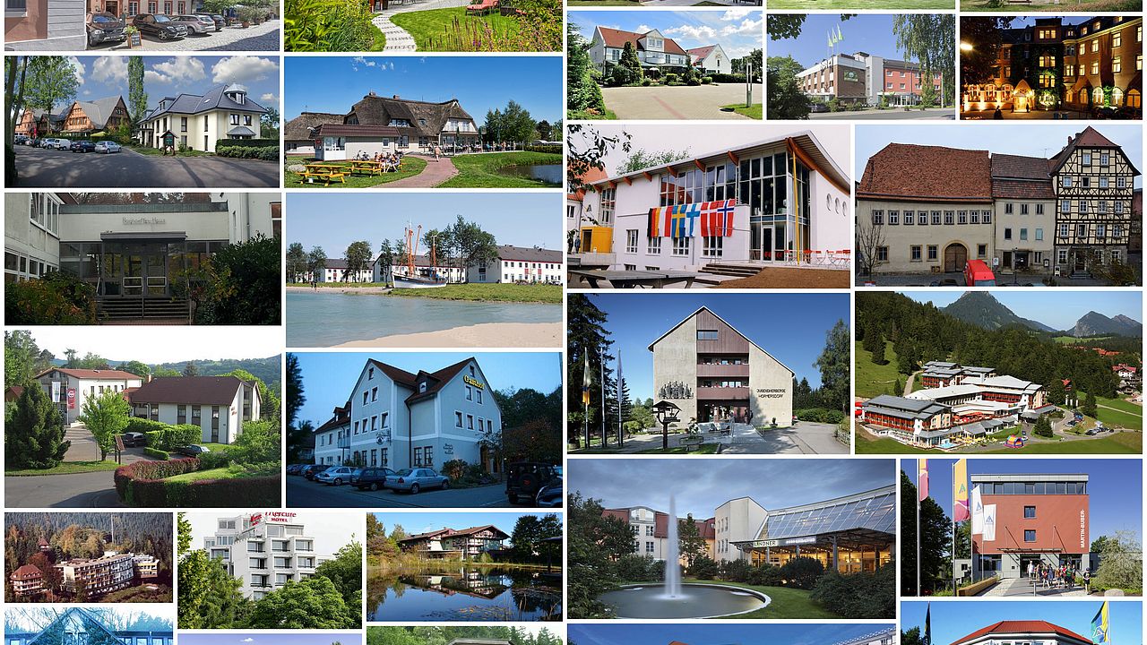 Collage aus Bildern der teilnehmenden Hotels und Herbergen am dena-Modellvorhaben "Check-in Energieeffizienz"