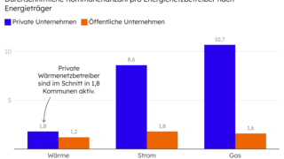 Balkendiagramm zeigt durchschnittliche Kommunenzahlen pro Energienetzbetreiber für Wärme, Strom und Gas, unterschieden nach privaten und öffentlichen Unternehmen