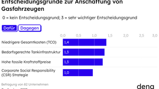 Balkendiagramm mit Entscheidungsgründen zur Anschaffung von Gasfahrzeugen und deren Wichtigkeit von 0 bis 3, hervorgehoben sind niedrigere Gesamtkosten, bedarfsgerechte Tankinfrastruktur, hohe fossile Kraftstoffpreise und CSR-Strategie.