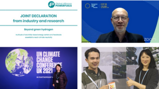 Oben links: Text 'JOINT DECLARATION from industry and research Beyond green hydrogen' auf weißem Hintergrund. Oben rechts: Person in einem Zoom-Meeting mit COP26-Hintergrund. Unten links: Text 'UN CLIMATE CHANGE CONFERENCE UK 2021' auf lila Hintergrund mit grafischen Elementen. Unten rechts: Zwei Personen halten ein Dokument oder eine Broschüre.