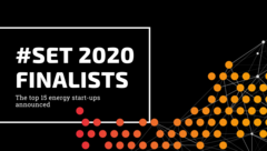 Text in fetter Schrift: '#SET 2020 FINALISTS'. Darunter: 'The top 15 energy start-ups announced'. Grafische Darstellung mit Punkten in orange, gelb und rot, die eine Verbindungslinie bilden.