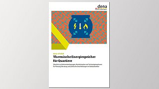 Titel 'Thermische Energiespeicher für Quartiere' in schwarzer Schrift auf weißem Hintergrund. Grafik mit blauen und gelben Symbolen für Energie und Wärme.