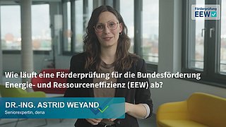 Frau mit langen Haaren steht vor großen Fenstern in einem modernen Büro mit gelbem Sessel und Text zu Förderprüfung Energie- und Ressourceneffizienz (EEW)