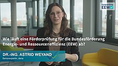 Frau mit langen Haaren steht vor großen Fenstern in einem modernen Büro mit gelbem Sessel und Text zu Förderprüfung Energie- und Ressourceneffizienz (EEW)