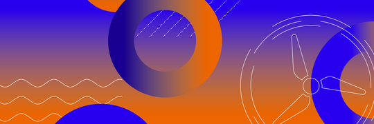 Abstrakte Grafik mit mehreren orange-blauen Ringen und weißen Linien auf blau-orangefarbenem Hintergrund.