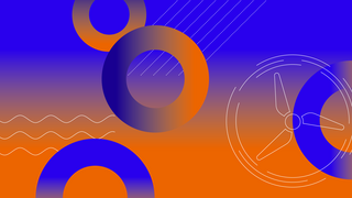 Abstrakte Grafik mit mehreren orange-blauen Ringen und weißen Linien auf blau-orangefarbenem Hintergrund.