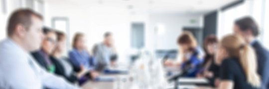 Mehrere Personen sitzen an einem langen Konferenztisch mit Gläsern und Unterlagen, unscharfer Hintergrund.