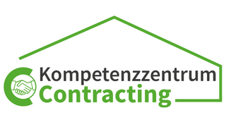 Logo des Kompetenzzentrums Contracting mit einem stilisierten Hausdach und einem Händedruck-Symbol in Grün und Grau.