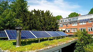Sonnenkollektoren auf einem begrünten Dachgarten.