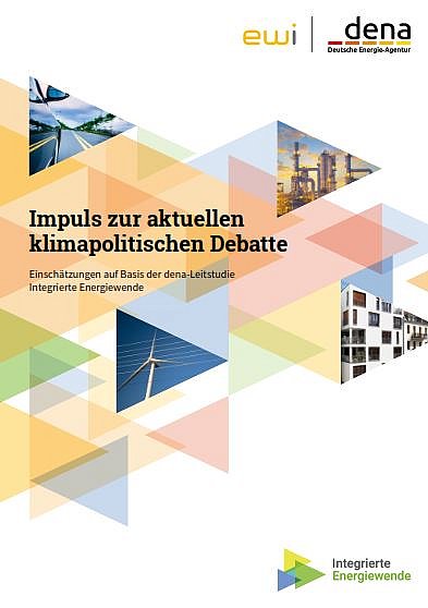 Titel der Publikation „Impuls zur aktuellen Klimapolitischen Debatte - Einschätzungen auf Basis der dena-Leitstudie Integrierte Energiewende“. Das Cover ist gestaltet mit einer Grafik aus buten Dreiecken und vier Fotoausschnitten. Die Logos von der dena, ewi und Integrierte Energiewende sind zu sehen.