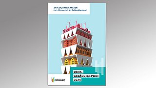 Cover des dena-Gebäudereports 2024 mit einem stilisierten Gebäude in mehreren Farben, Windrädern und Solarpanelen auf dem Dach. Text: 'ZAHLEN, DATEN, FAKTEN zum Klimaschutz im Gebäudebestand'.