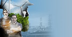 Menschen mit Windrad und Industrieanlage