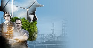 Menschen mit Windrad und Industrieanlage