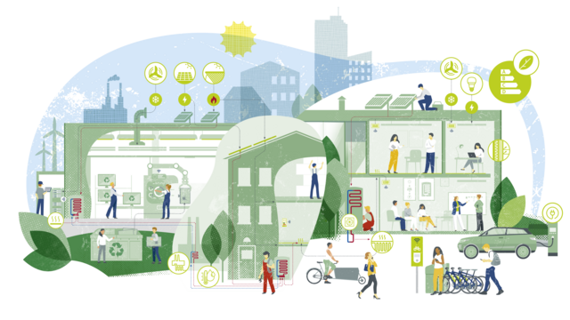 Illustrierte Darstellung von einem Industriegebäude, einem Wohnhaus und einem Bürogebäude, in und vor denen mehrere Menschen mit Aktivitäten beschäftigt sind, die Energie verbrauchen oder erzeugen.