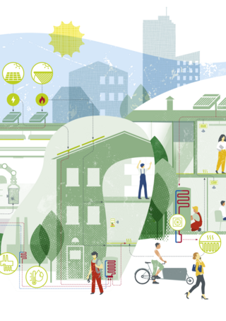 Illustrierte Darstellung von einem Industriegebäude, einem Wohnhaus und einem Bürogebäude, in und vor denen mehrere Menschen mit Aktivitäten beschäftigt sind, die Energie verbrauchen oder erzeugen.