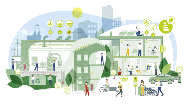 Illustrierte Darstellung von einem Industriegebäude, einem Wohnhaus und einem Bürogebäude, in und vor denen mehrere Menschen mit Aktivitäten beschäftigt sind, die Energie verbrauchen oder erzeugen.