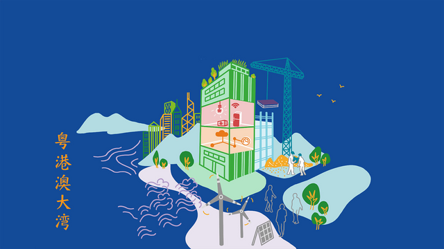 Stilisierte Illustration der Region "Guangdong-Hong Kong-Macau Greater Bay Area" mit chinesischen Schriftzeichen auf der linken Seite. In der Mitte ist ein grünes, modernes Gebäude zu sehen, das verschiedene Technologien wie Solarzellen, Windkraftanlagen, und drahtlose Kommunikation darstellt. 