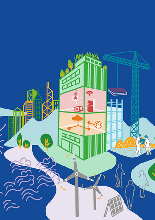 Stilisierte Illustration der Region "Guangdong-Hong Kong-Macau Greater Bay Area" mit chinesischen Schriftzeichen auf der linken Seite. In der Mitte ist ein grünes, modernes Gebäude zu sehen, das verschiedene Technologien wie Solarzellen, Windkraftanlagen, und drahtlose Kommunikation darstellt. 