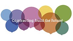Verschiedene farbige Sprechblasen in Blau, Lila, Gelb, Orange und Grün mit dem Text 'Co2ntracting: build the future!' in Weiß.