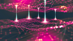 Abstrakter technologischer Hintergrund, der zwei übereinanderliegende polygon mesh in 3D zeigt, die über Lichtstrahlen miteinander verbunden sind. 
