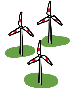 Drei Windkraftanlagen auf einem grünen Feld.