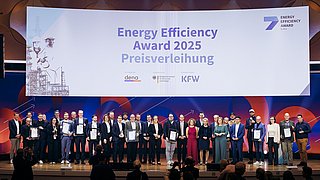 Gruppenfoto der Preisträgerinnen und Preisträger bei der Energy Efficiency Award 2025 Preisverleihung auf einer Bühne mit großem Banner im Hintergrund.
