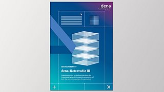 Cover der Abschlussbericht 'dena-Netzstudie III', zeigt eine schematische Darstellung von Energieinfrastrukturen und enthält Textinformationen.