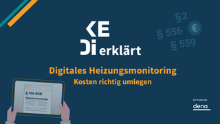 Grafik mit dem Text 'Digitales Heizungsmonitoring Kosten richtig umlegen' und einer Illustration von Händen, die ein Tablet mit dem Dokument '§ 556 BGB Nebenkostenverordnung' halten