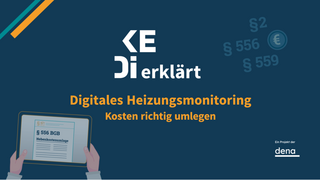 Grafik mit dem Text 'Digitales Heizungsmonitoring Kosten richtig umlegen' und einer Illustration von Händen, die ein Tablet mit dem Dokument '§ 556 BGB Nebenkostenverordnung' halten