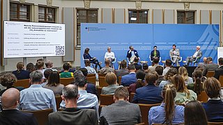 Podiumsdiskussion zu Rahmenbedingungen für CO₂-Entnahme auf der Fachkonferenz am 8. Juni 2026. Auf dem Podium von links nach rechts: Moderatorin Nadine Kreutzer, Corinna Enders, Dr. Oliver Geden (SWP; IPCC), Dr. Iris Rieth-Menze (NRW.Energy4Climate), Steffan Schlosser (DVNE) und Staatssekretär Jochen Flasbarth.