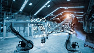 Engineering technology and smart factory concept with icon graphic showing automation system by using robots and automated machinery.
