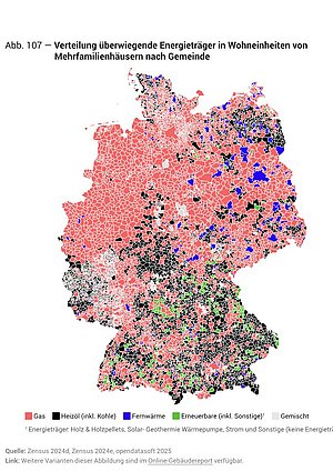 Karte von Deutschland mit farblich markierten Gemeinden zur Verteilung überwiegender Energieträger in Wohngebäuden, darunter Gas, Heizöl, Fernwärme, erneuerbare Energien und gemischte Nutzung