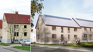 Vergleich zweier Wohnhäuser: links ein älteres Haus mit Putzfassade, rechts ein modernes Holzhaus mit Solarpaneelen auf dem Dach.