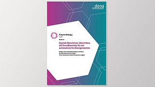 Bericht von dena mit Titel 'Digitale Maschinen-Identitäten als Grundbaustein für ein automatisiertes Energiesystem'. Enthält grafische Elemente in lila und türkis.