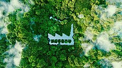 Luftaufnahme eines dichten, grünen Waldes mit einem rechteckigen Wasserbecken in der Mitte, umgeben von Bäumen und Nebel.