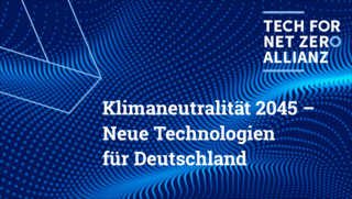 Grafik mit blauen Wellenmustern. Text: 'Klimaneutralität 2045 – Neue Technologien für Deutschland'.