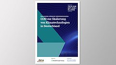 Titel 'CCfD zur Skalierung von Klimatechnologien in Deutschland' auf einem Hintergrund mit blauen Punkten und Wellenmuster. Logos von dena, Breakthrough Energy und Ventures.