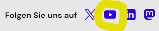 Text 'Folgen Sie uns auf' neben mehreren sozialen Medien-Symbolen, darunter ein gelb markiertes YouTube-Logo.