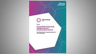 Cover der Studie 'Energieeffiziente künstliche Intelligenz für eine klimafreundliche Zukunft' von dena, mit geometrischem Muster in Blau und Türkis.
