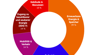 Diagramm: SET100 2026 Start-ups nach Sektoren. Anteil der ausgewählten Unternehmen nach Kategorie in %. Erneuerbare Energie & Speicher 39 %, Industrie 20 %, Mobilität & Verkehr 14 %, Zugang zu bezahlbarer und sauberer Energie (SDG-7) 14 %, Gebäude & Bauwesen 13 %. Quelle: dena 2026.
