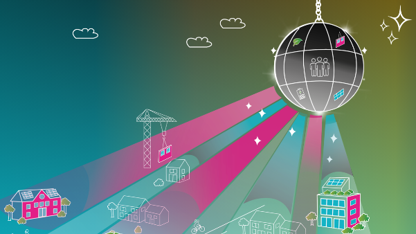 Grafik zur Veranstaltung Energiesprong Festival 2026 am 7. & 8. September in Berlin. Diskokugel, Häuser und Menschen