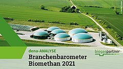 Landschaft mit mehreren großen, grünen Biogasanlagen in einem Feld. Text: 'dena-ANALYSE Branchenbarometer Biomethan 2021' und 'biogaspartner'.