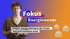 Frau mit Brille und kurzen braunen Haaren vor blau-orangefarbenem Hintergrund mit Text 'Fokus Energiewende' und 'Update: Energy Sharing in der Praxis Was jetzt passieren muss' sowie drei stilisierte Haus-Icons mit Solarpanelen