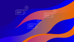 Grafik: Drei weiße Piktogramme von Tickets mit Standortmarkern auf blau-orange schattiertem Hintergrund.